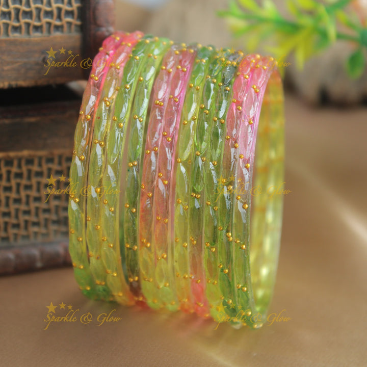 Beautiful Big drop glass bangles set of 12 bangles, (one dozen ), with gold dots - baby pink