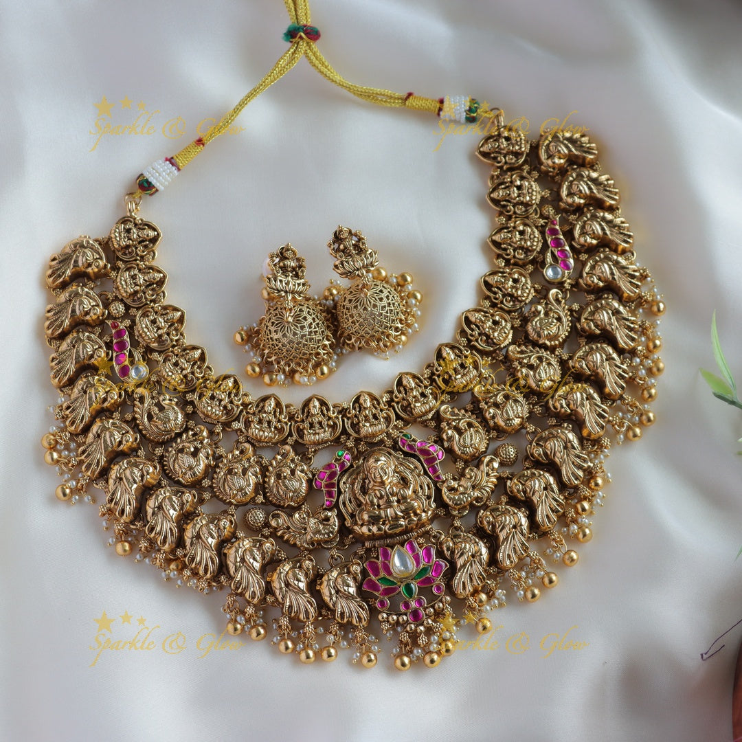 Grand bridal Lakshmi peacock carved lotus jadau short necklace with pearls and gold beads