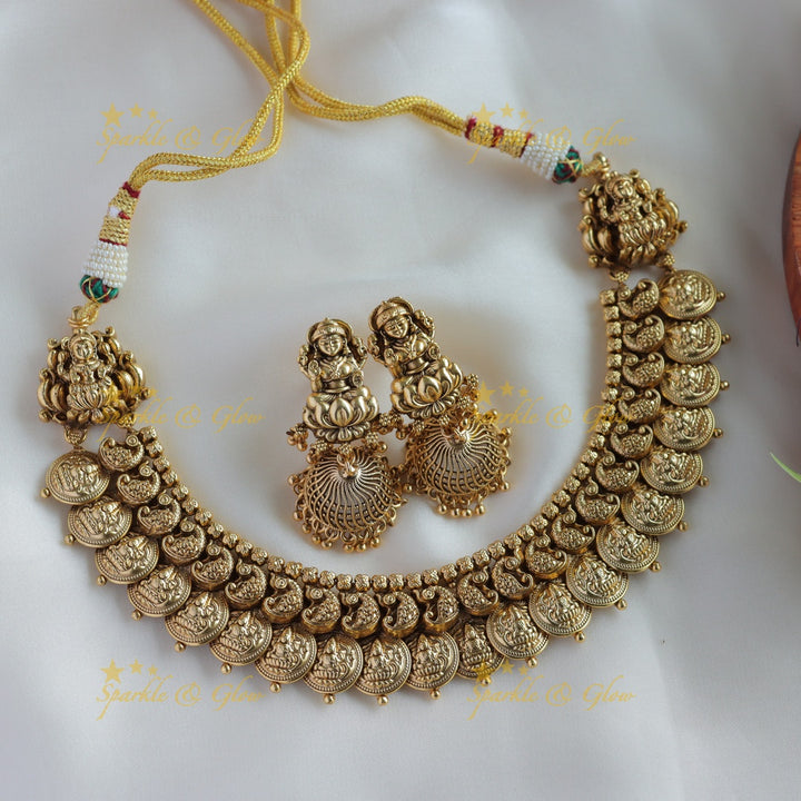 Stunning Lakshmi peacock carved coin short necklace