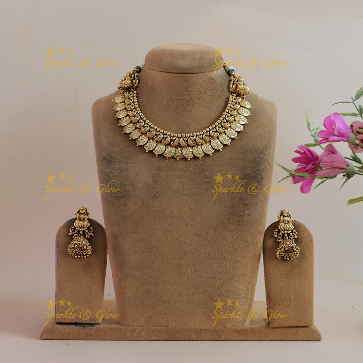 Stunning Lakshmi peacock carved coin short necklace