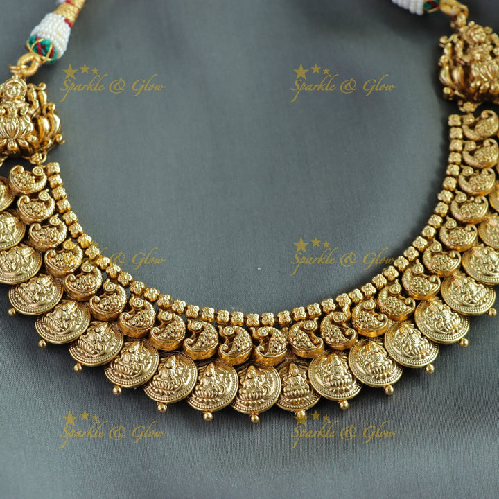 Stunning Lakshmi peacock carved coin short necklace