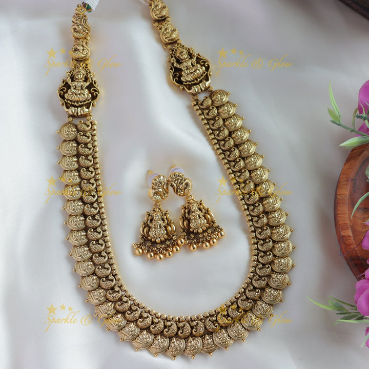 Gorgeous Lakshmi peacock carved coin long necklace
