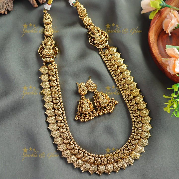 Gorgeous Lakshmi peacock carved coin long necklace