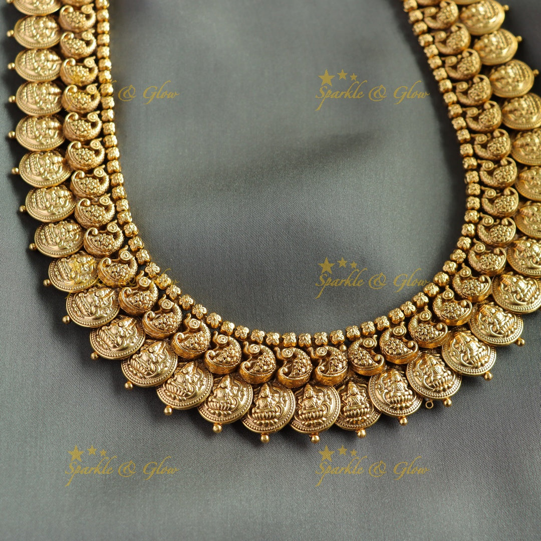 Gorgeous Lakshmi peacock carved coin long necklace