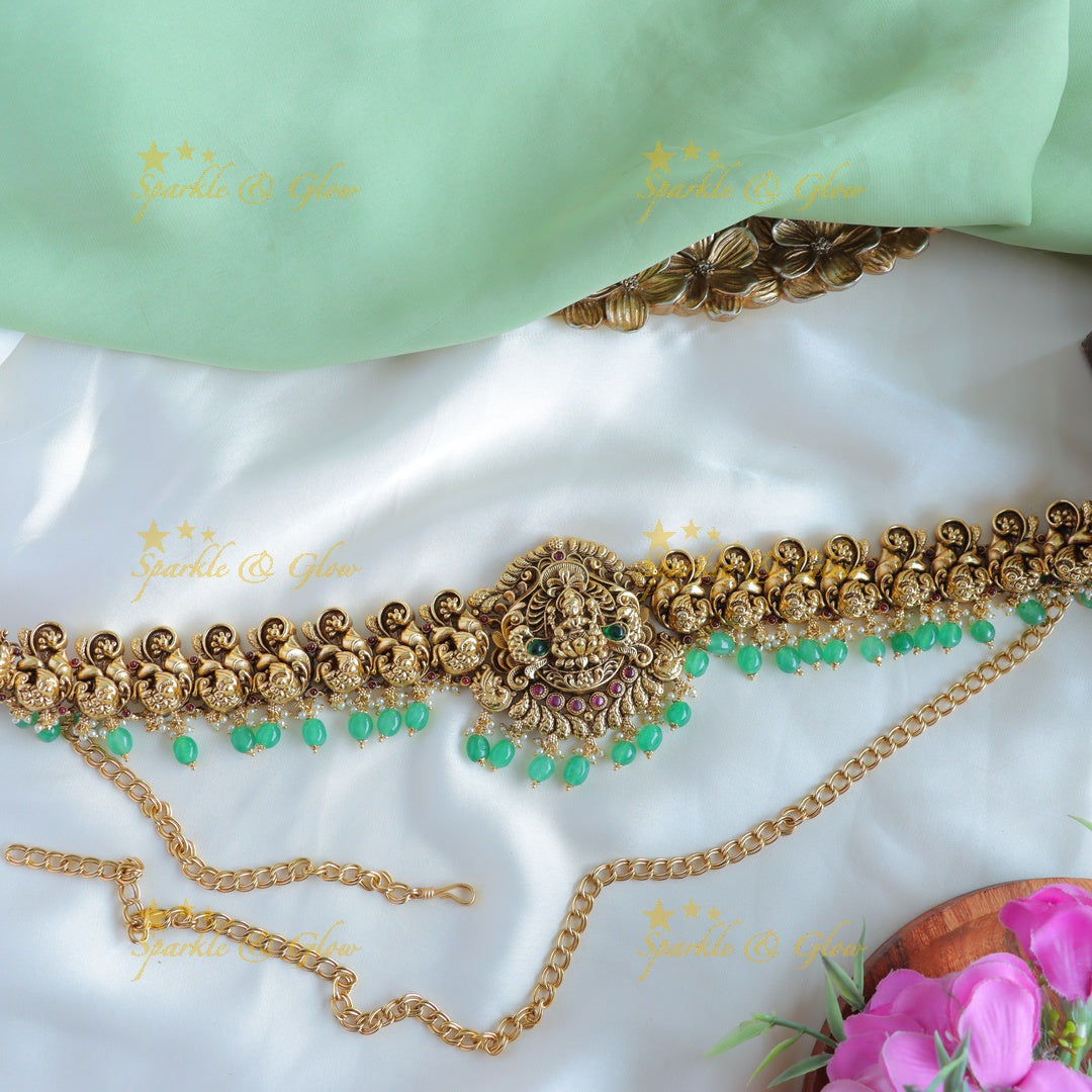 Sparkling Kemp Lakshmi Peacock carved Hipchain with Mintgreen beads