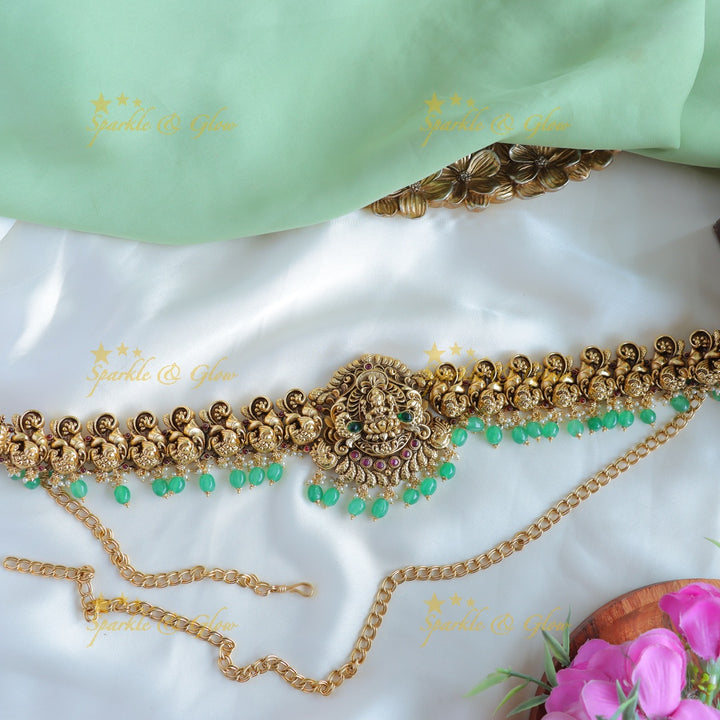 Sparkling Kemp Lakshmi Peacock carved Hipchain with Mintgreen beads