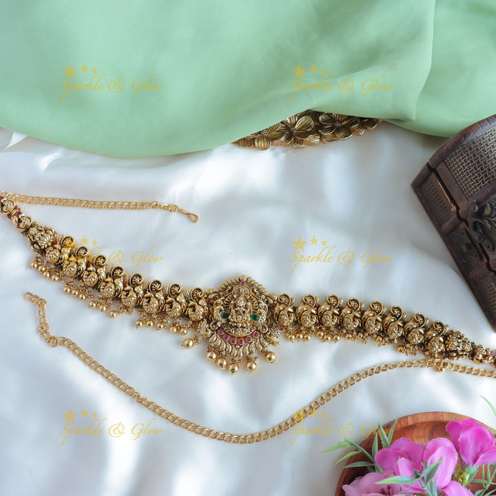 Sparkling Kemp Lakshmi Peacock carved Hipchain with Mintgreen beads