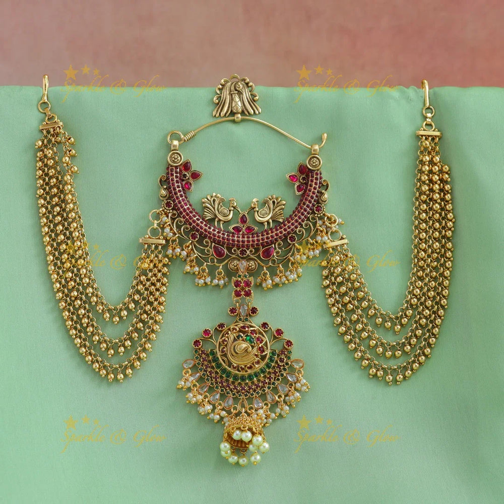 Gracious Peacock Floral Chandbali Jadabilla with gold maatil-Ruby - Sparkle and Glow