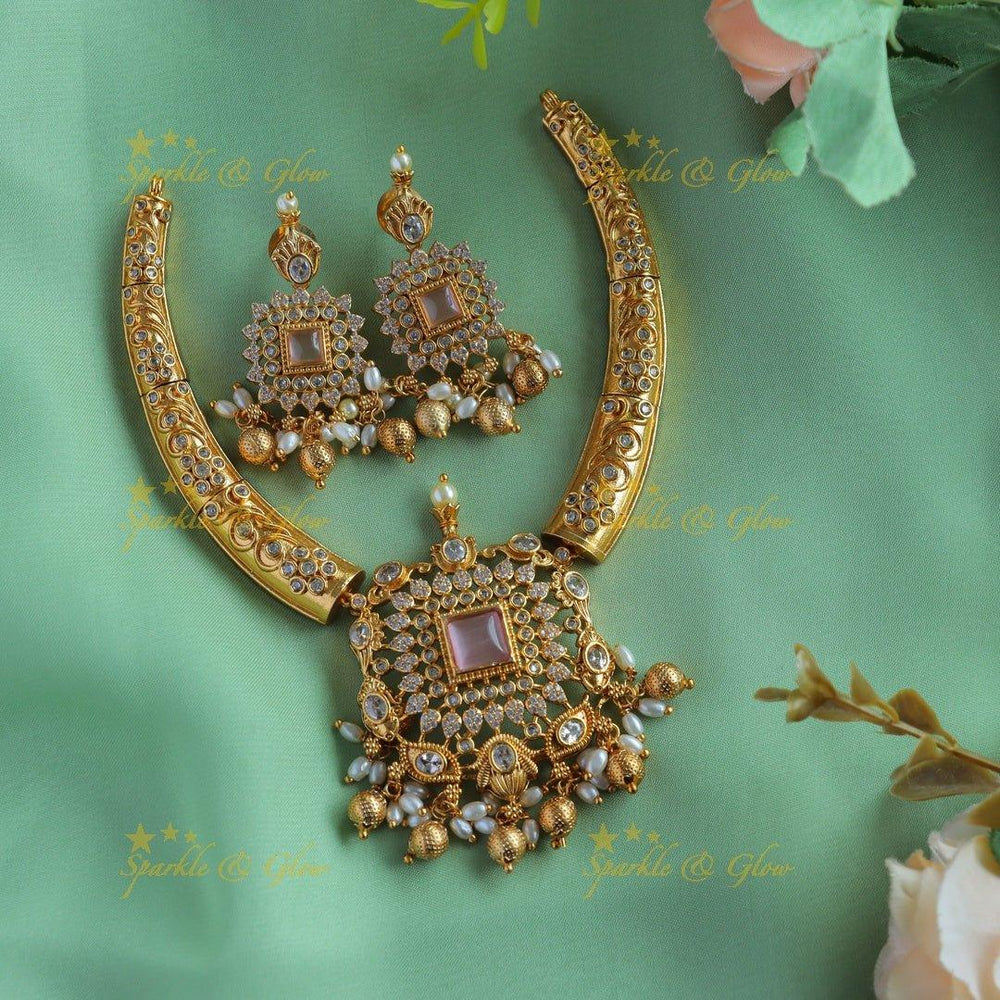 Gracious Square stone Floral pendant carved AD pipe necklace-Mintgreen - Sparkle and Glow