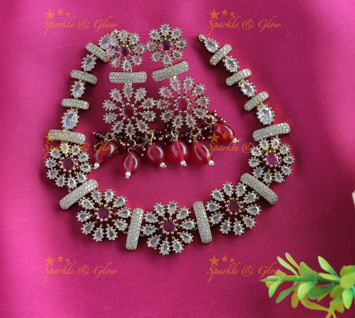Gracious Flower design Victorian AD short necklace - Ruby - Sparkle and Glow - Ruby - Back Thread