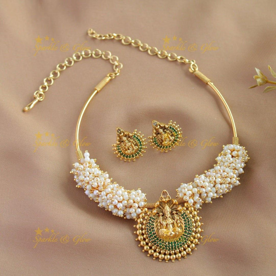 Gracious Idol Lakshmi pendant carved pearl cluster hasli short necklace-Blue - Sparkle and Glow