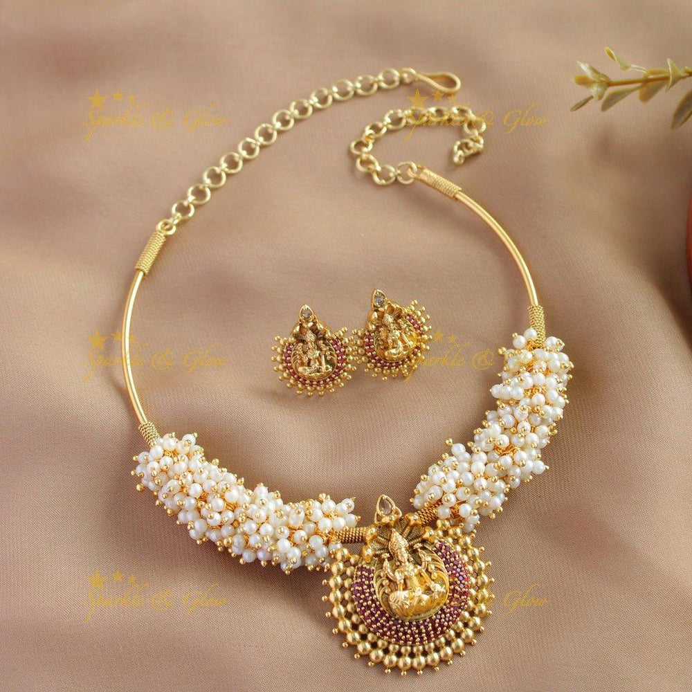 Gracious Idol Lakshmi pendant carved pearl cluster hasli short necklace-Blue - Sparkle and Glow