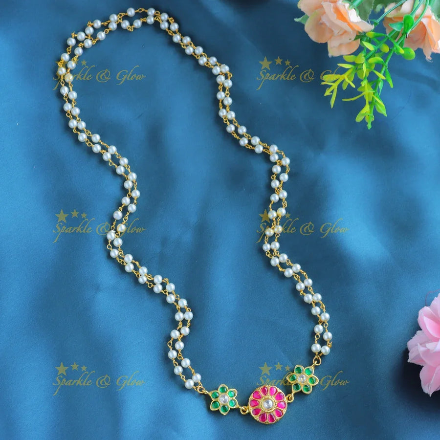Gracious Floral Jadau Pearl Chain - Sparkle and Glow