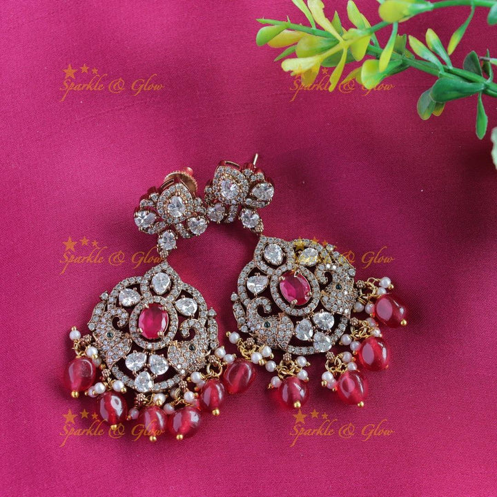 Grand Idol Lakshmi Peacock pendant carved Three layered Victorian AD Haram-Red - Sparkle and Glow