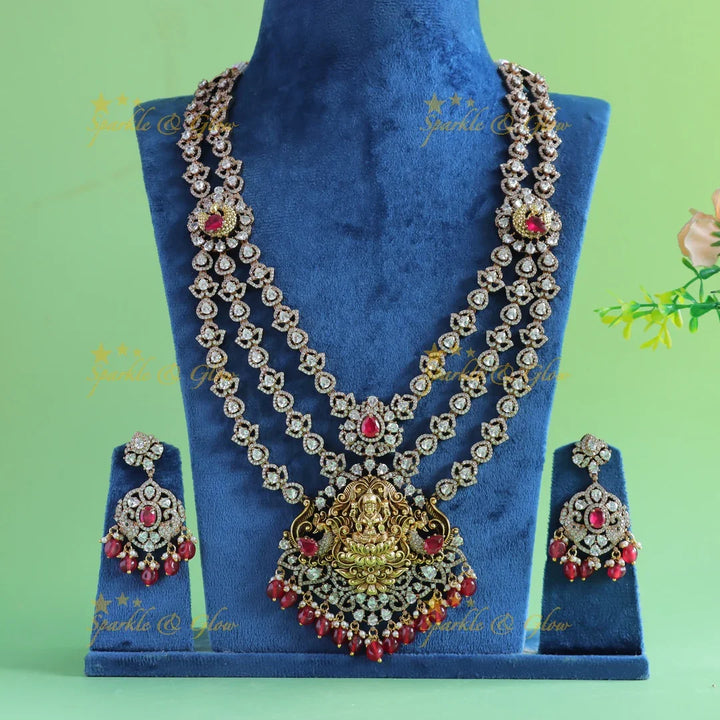 Grand Idol Lakshmi Peacock pendant carved Three layered Victorian AD Haram-Red - Sparkle and Glow
