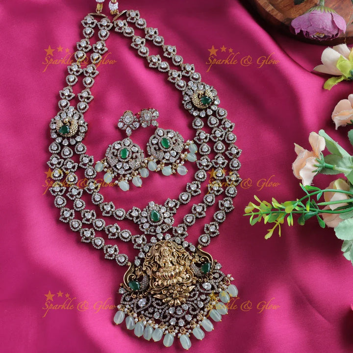 Grand Idol Lakshmi Peacock pendant carved Three layered Victorian AD Haram-Red - Sparkle and Glow