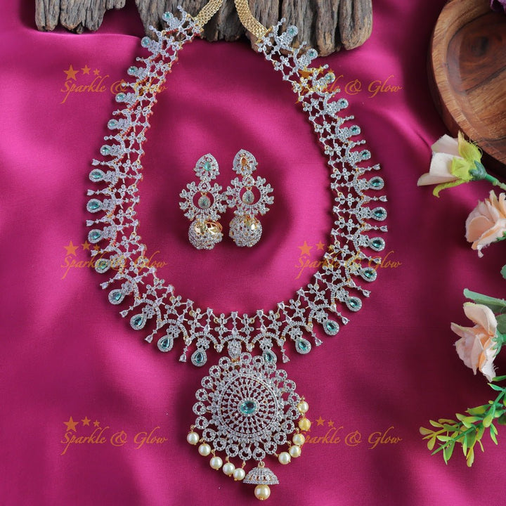 Intricately carved Floral pendant GJ polish AD Haram with waterdrop blue stones and pearls - Sparkle and Glow - Aqua blue - Back Thread