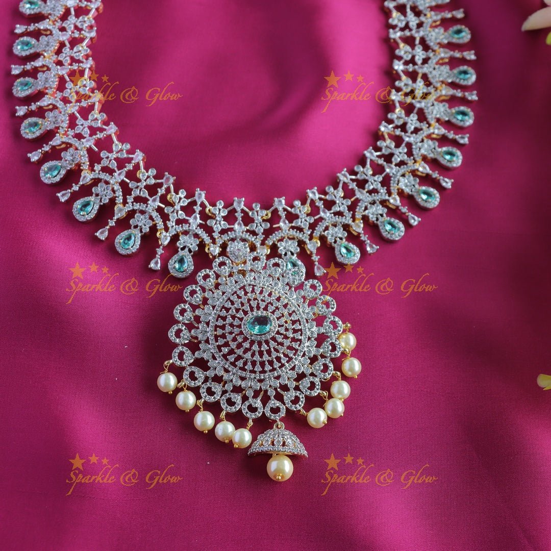 Intricately carved Floral pendant GJ polish AD Haram with waterdrop blue stones and pearls - Sparkle and Glow - Aqua blue - Back Thread
