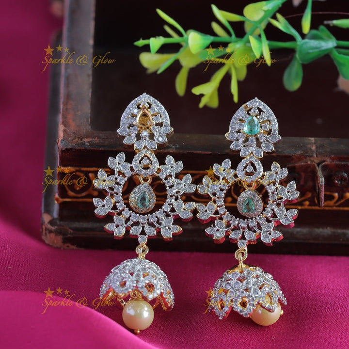 Intricately carved Floral pendant GJ polish AD Haram with waterdrop blue stones and pearls - Sparkle and Glow - Aqua blue - Back Thread