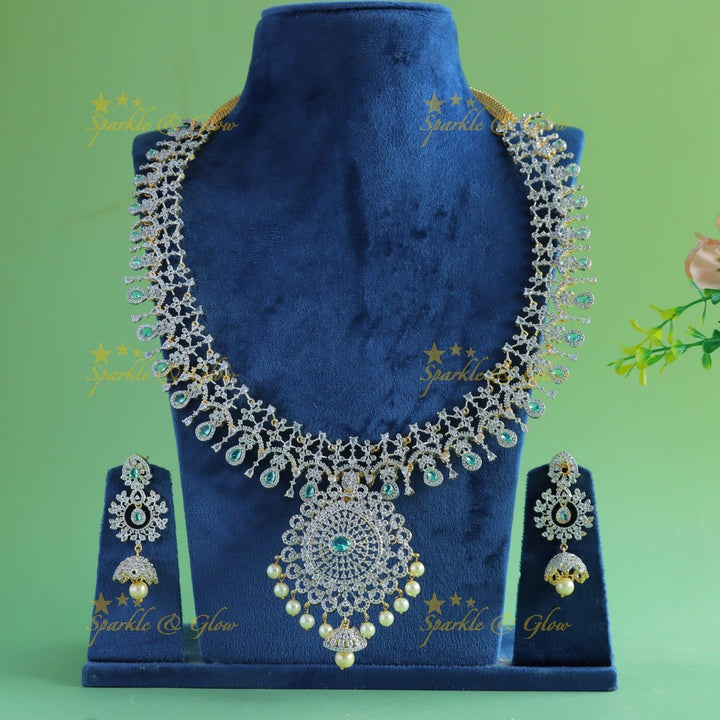 Intricately carved Floral pendant GJ polish AD Haram with waterdrop blue stones and pearls - Sparkle and Glow - Aqua blue - Back Thread