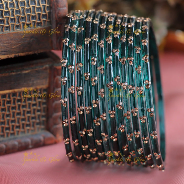Stunning Glass bangles set of 12 bangles, (one dozen ), with stones - Sparkle and Glow - Dark Green - 2.4