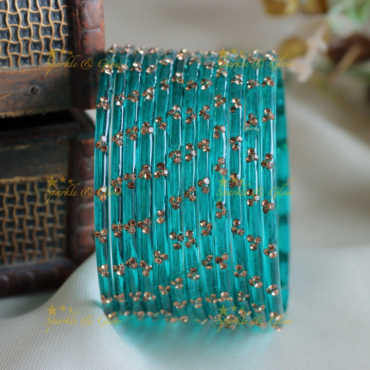 Stunning Glass bangles set of 12 bangles, (one dozen ), with stones - Sparkle and Glow - Peacock Green - 2.4