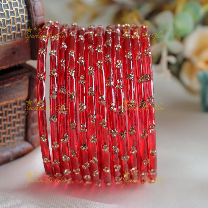 Stunning Glass bangles set of 12 bangles, (one dozen ), with stones - Sparkle and Glow - Red - 2.4