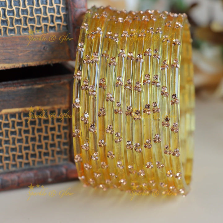 Stunning Glass bangles set of 12 bangles, (one dozen ), with stones - Sparkle and Glow - Gold - 2.4