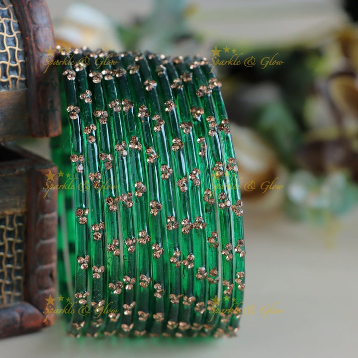 Stunning Glass bangles set of 12 bangles, (one dozen ), with stones - Sparkle and Glow - Green - 2.4