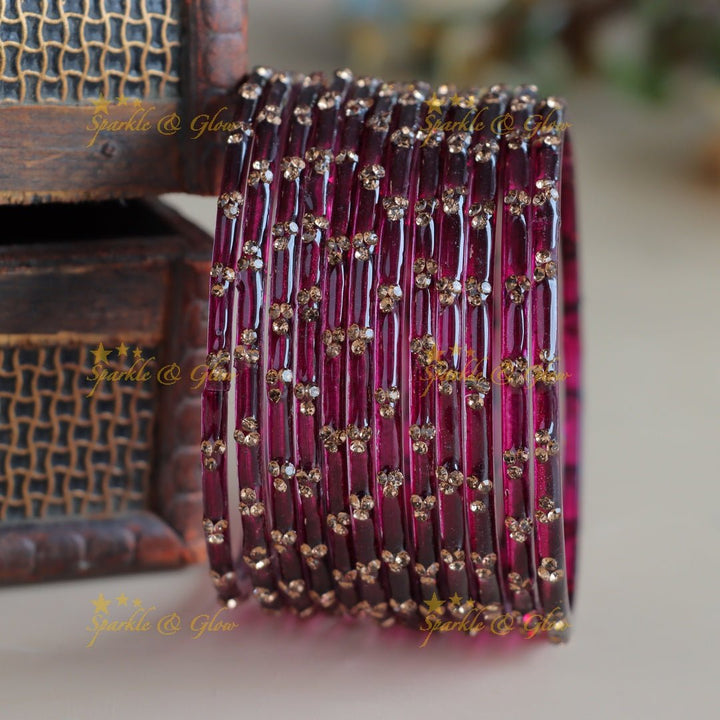 Stunning Glass bangles set of 12 bangles, (one dozen ), with stones - Sparkle and Glow - Maroon - 2.4