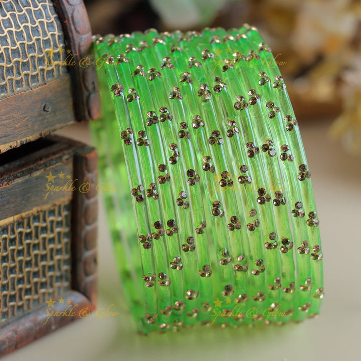 Stunning Glass bangles set of 12 bangles, (one dozen ), with stones - Sparkle and Glow - Pistagreen - 2.4