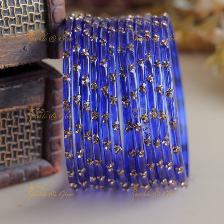 Stunning Glass bangles set of 12 bangles, (one dozen ), with stones - Sparkle and Glow - Blue - 2.4