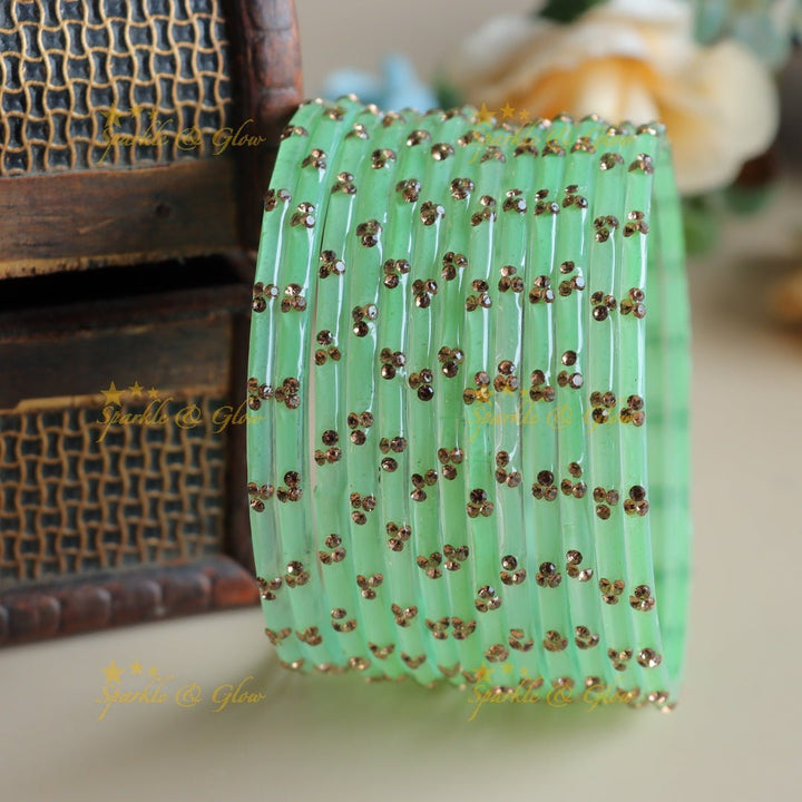 Stunning Glass bangles set of 12 bangles, (one dozen ), with stones - Sparkle and Glow - Light Green - 2.4
