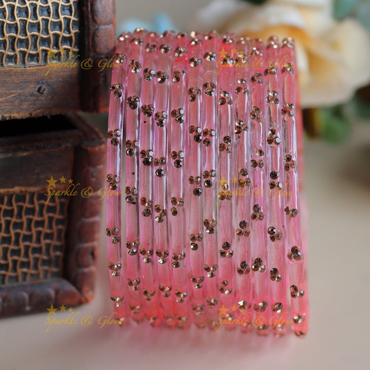 Stunning Glass bangles set of 12 bangles, (one dozen ), with stones - Sparkle and Glow - Light Pink - 2.4