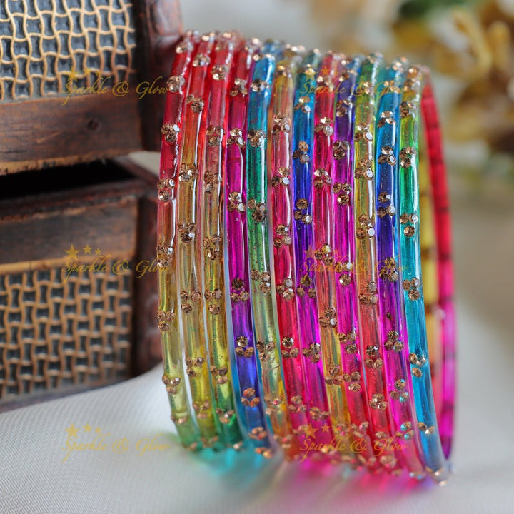 Stunning Glass bangles set of 12 bangles, (one dozen ), with stones - Sparkle and Glow - Multi1 - 2.4