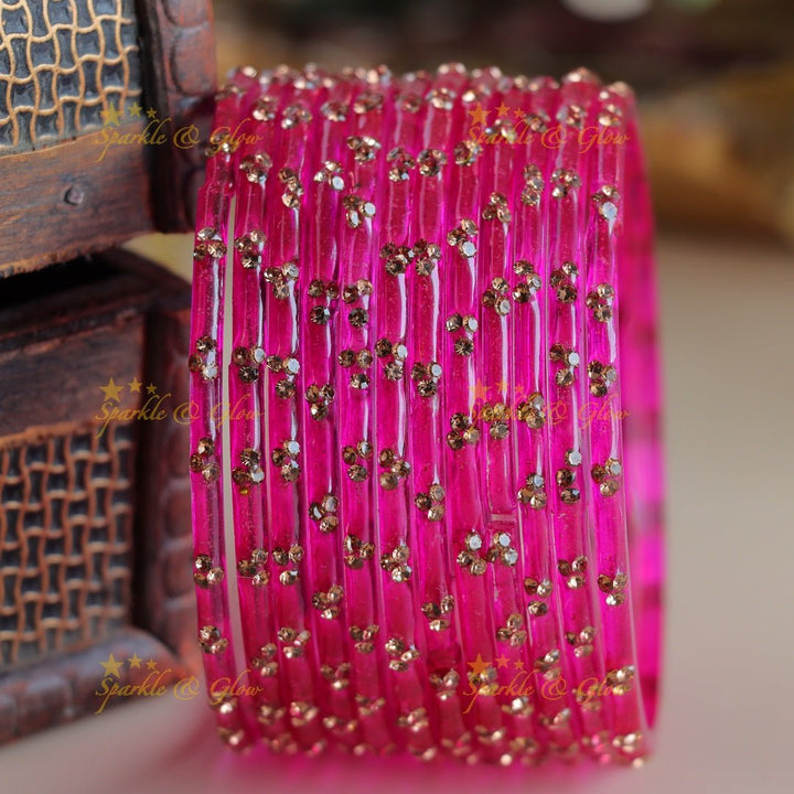 Stunning Glass bangles set of 12 bangles, (one dozen ), with stones - Sparkle and Glow - Pink - 2.4