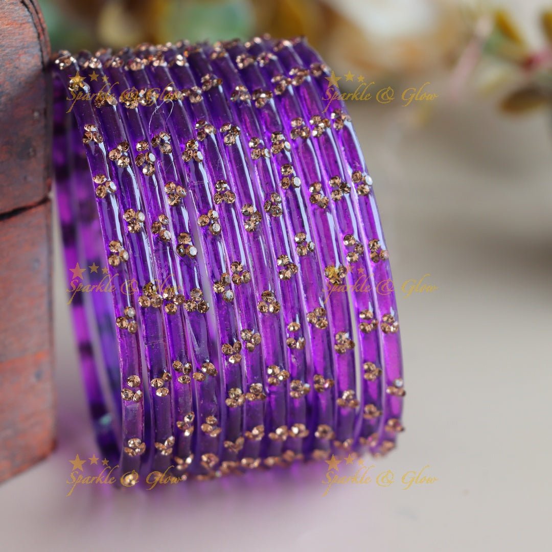 Stunning Glass bangles set of 12 bangles, (one dozen ), with stones - Sparkle and Glow - Dark Purple - 2.4