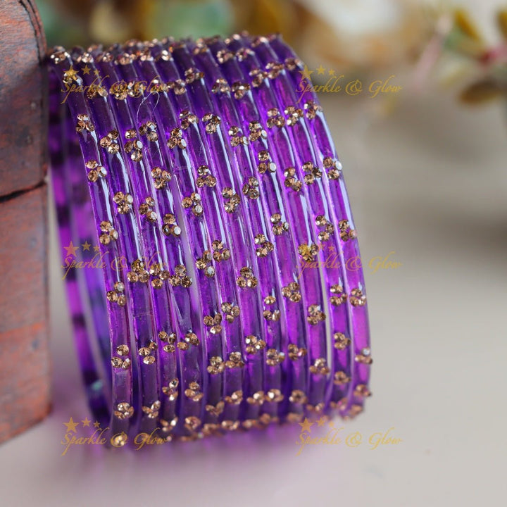 Stunning Glass bangles set of 12 bangles, (one dozen ), with stones - Sparkle and Glow - Dark Purple - 2.4