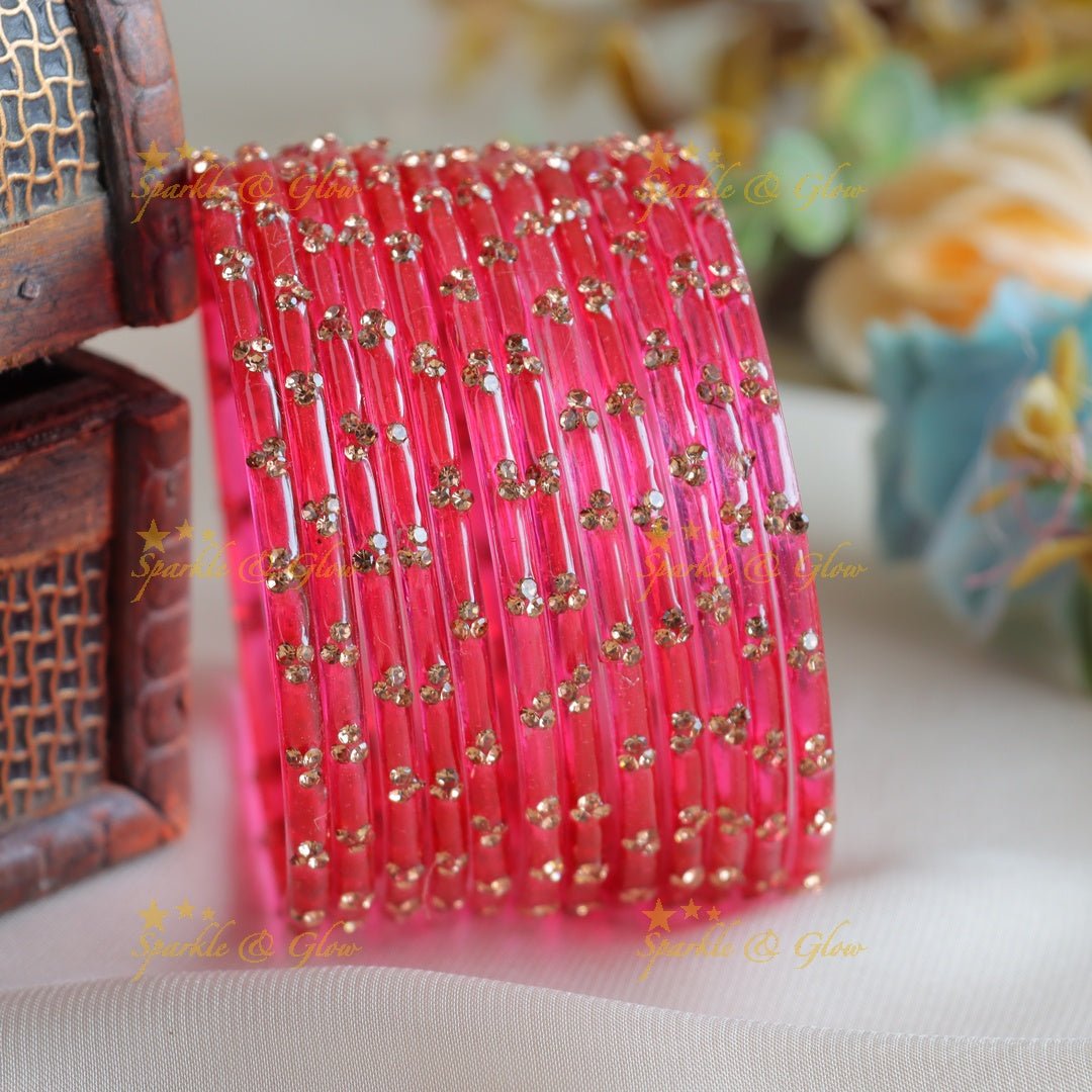 Stunning Glass bangles set of 12 bangles, (one dozen ), with stones - Sparkle and Glow - Rani Pink - 2.4