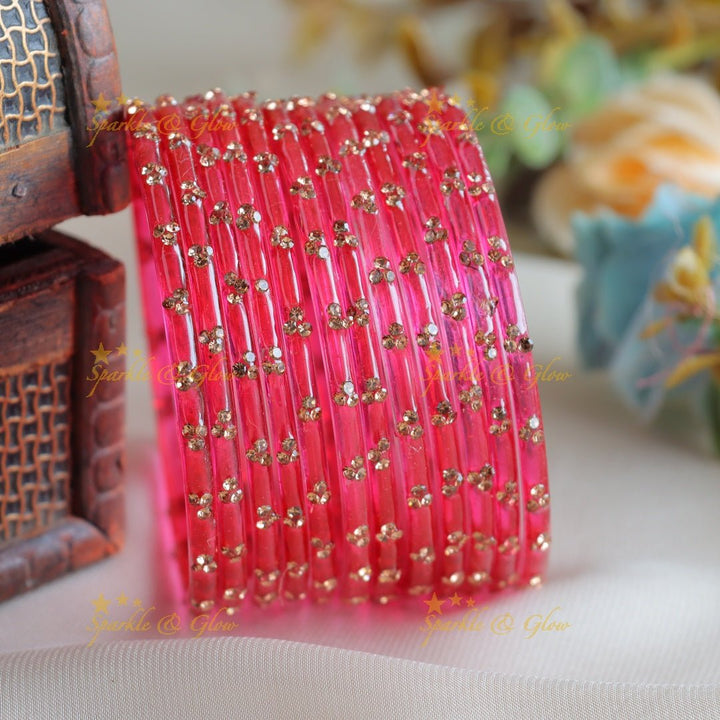 Stunning Glass bangles set of 12 bangles, (one dozen ), with stones - Sparkle and Glow - Rani Pink - 2.4