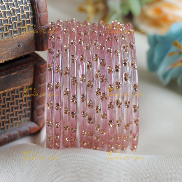 Stunning Glass bangles set of 12 bangles, (one dozen ), with stones - Sparkle and Glow - Lavender - 2.4