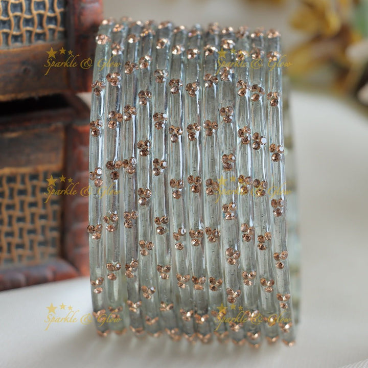 Stunning Glass bangles set of 12 bangles, (one dozen ), with stones - Sparkle and Glow - Light Grey - 2.4