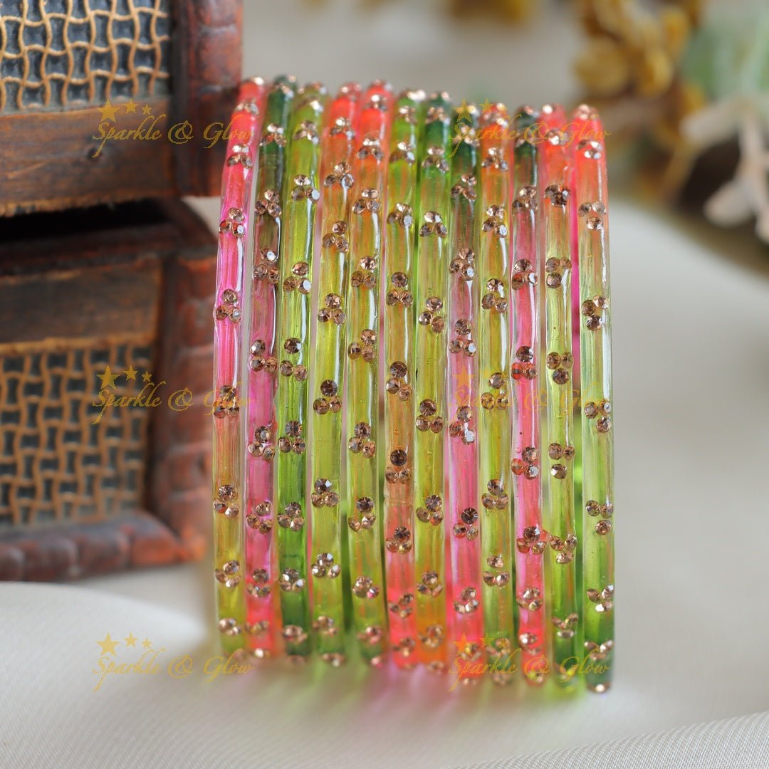 Stunning Glass bangles set of 12 bangles, (one dozen ), with stones - Sparkle and Glow - Multi2 - 2.4