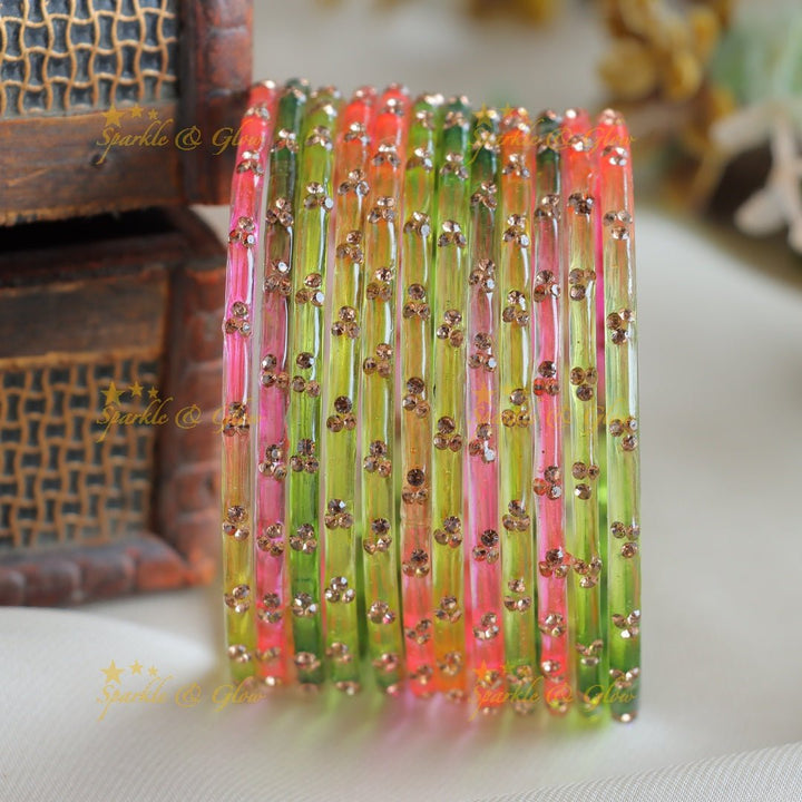 Stunning Glass bangles set of 12 bangles, (one dozen ), with stones - Sparkle and Glow - Multi2 - 2.4