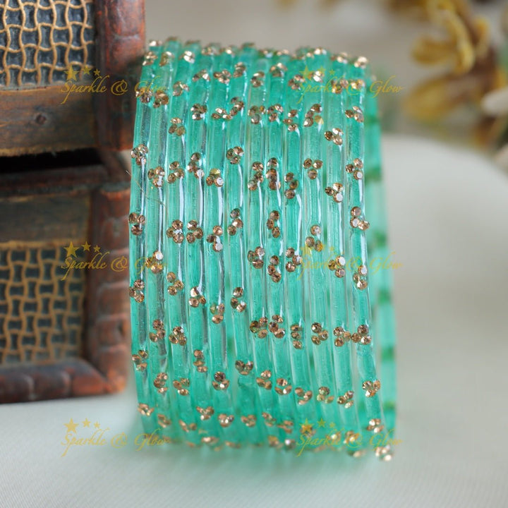 Stunning Glass bangles set of 12 bangles, (one dozen ), with stones - Sparkle and Glow - Pastel Blue - 2.4