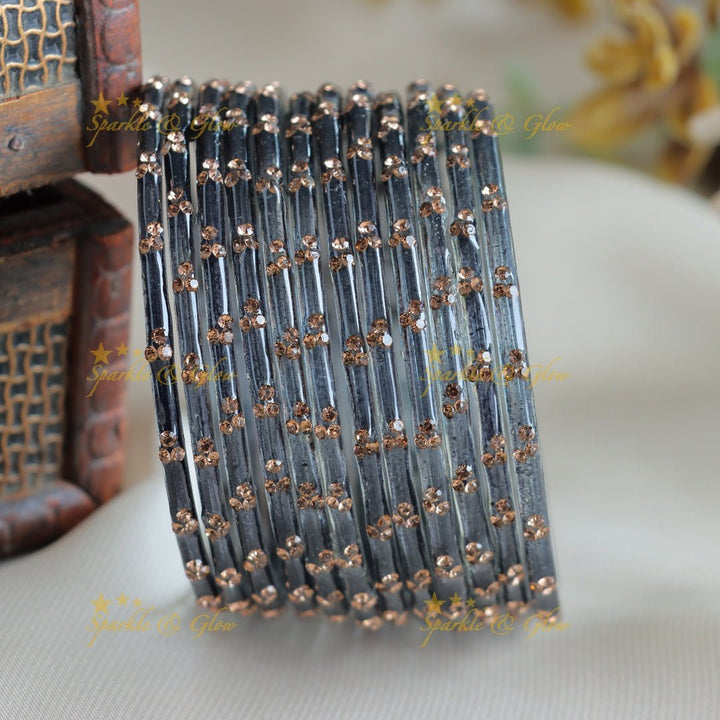 Stunning Glass bangles set of 12 bangles, (one dozen ), with stones - Sparkle and Glow - Dark Grey - 2.4