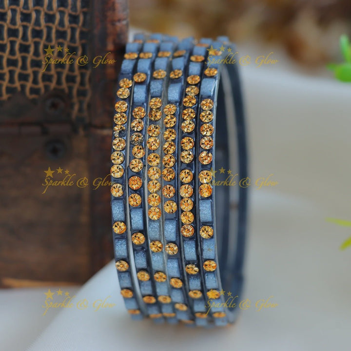 Exclusive Glass bangles set of 6 bangles, with gold design - Sparkle and Glow - Grey - 2.4