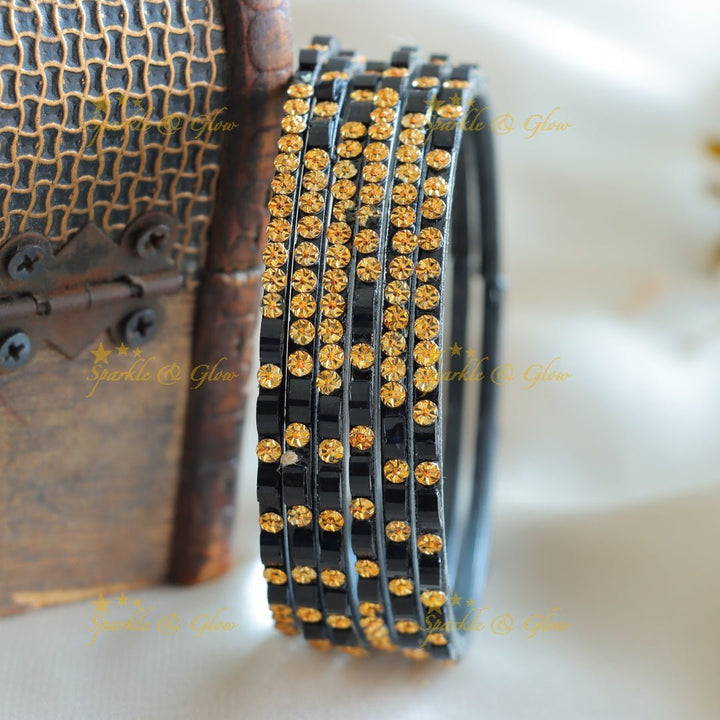 Exclusive Glass bangles set of 6 bangles, with gold design - Sparkle and Glow - Black - 2.4