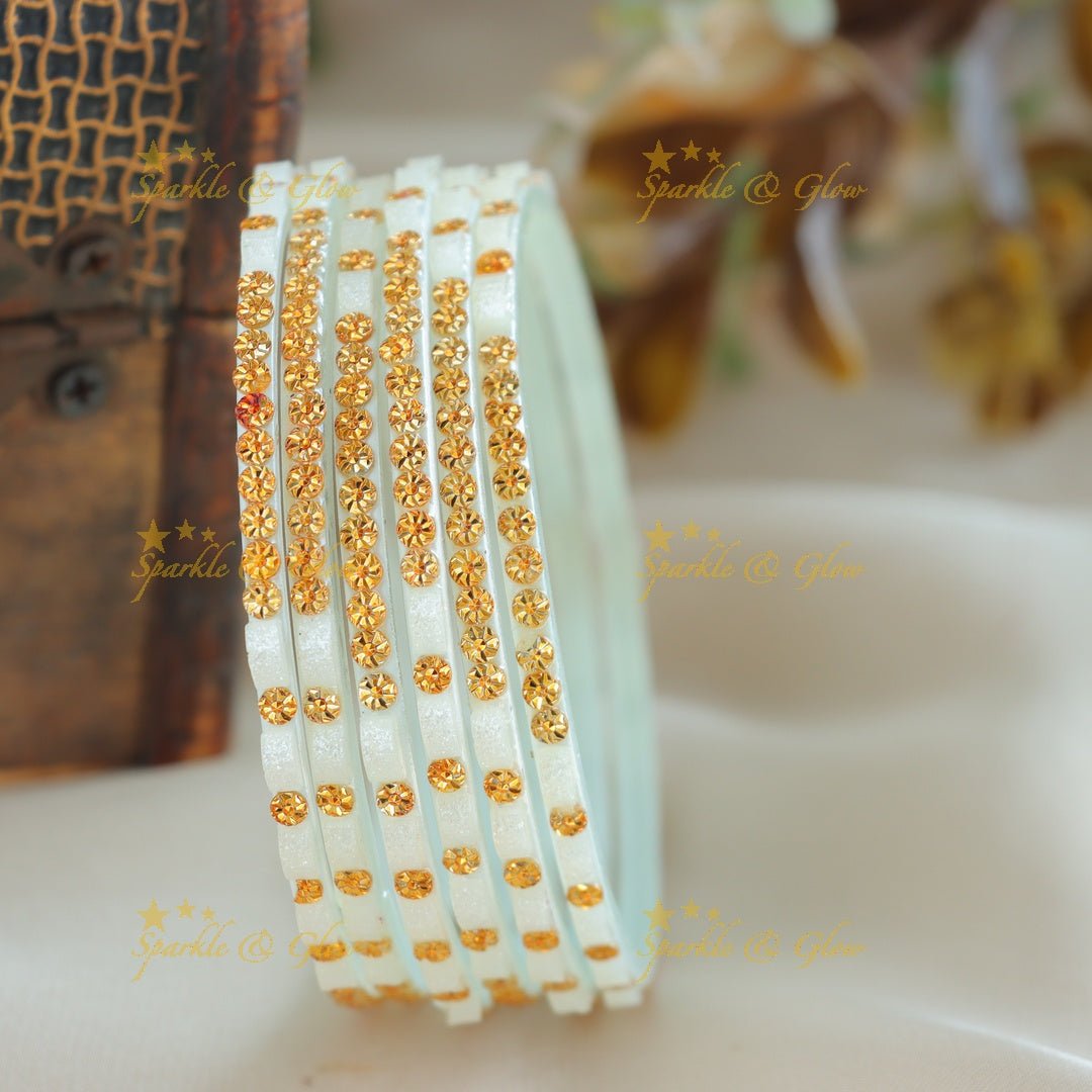 Exclusive Glass bangles set of 6 bangles, with gold design - Sparkle and Glow - White - 2.4