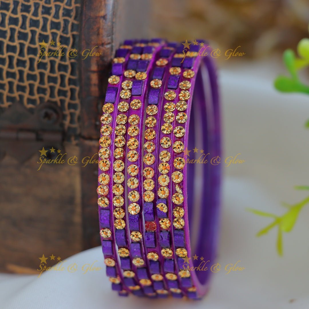 Exclusive Glass bangles set of 6 bangles, with gold design - Sparkle and Glow - Purple - 2.4
